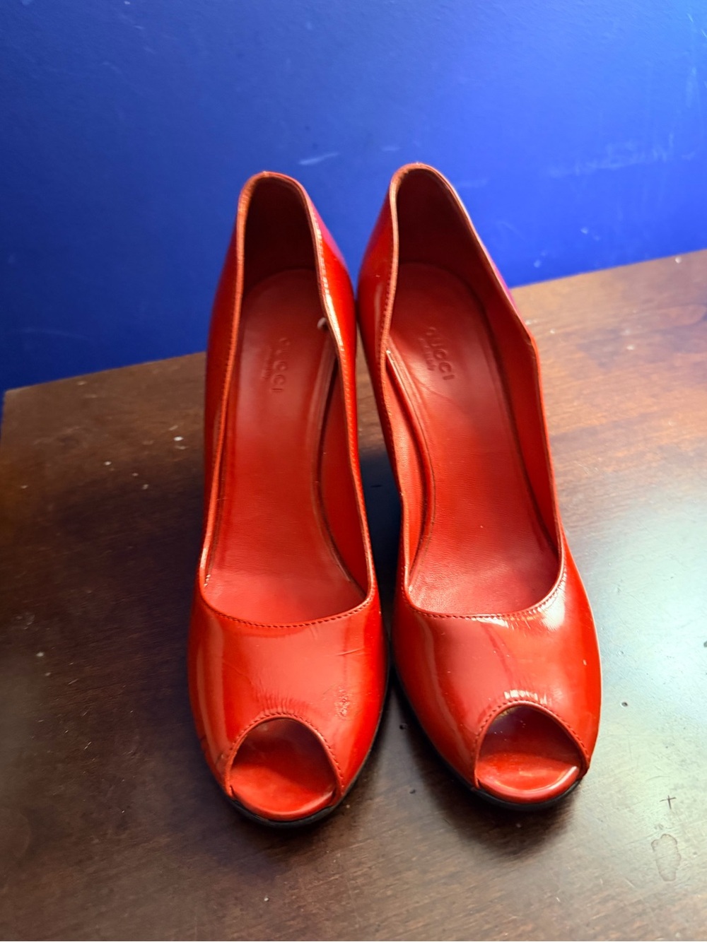 Gucci Red Patent Peep-Toe High Heels